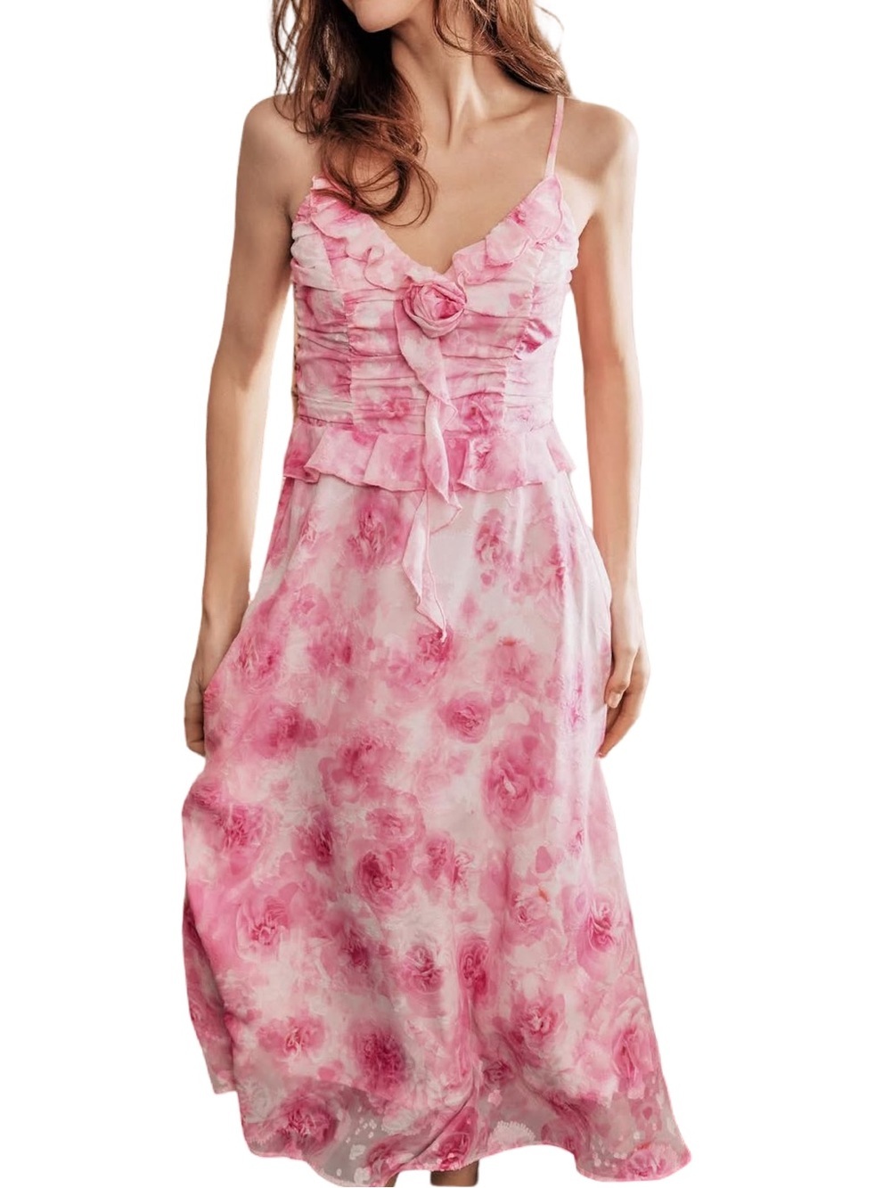 💗💕 Lait Collection Pink Rose Floral Ruffled Midi Maxi Dress Feminine 💕💗